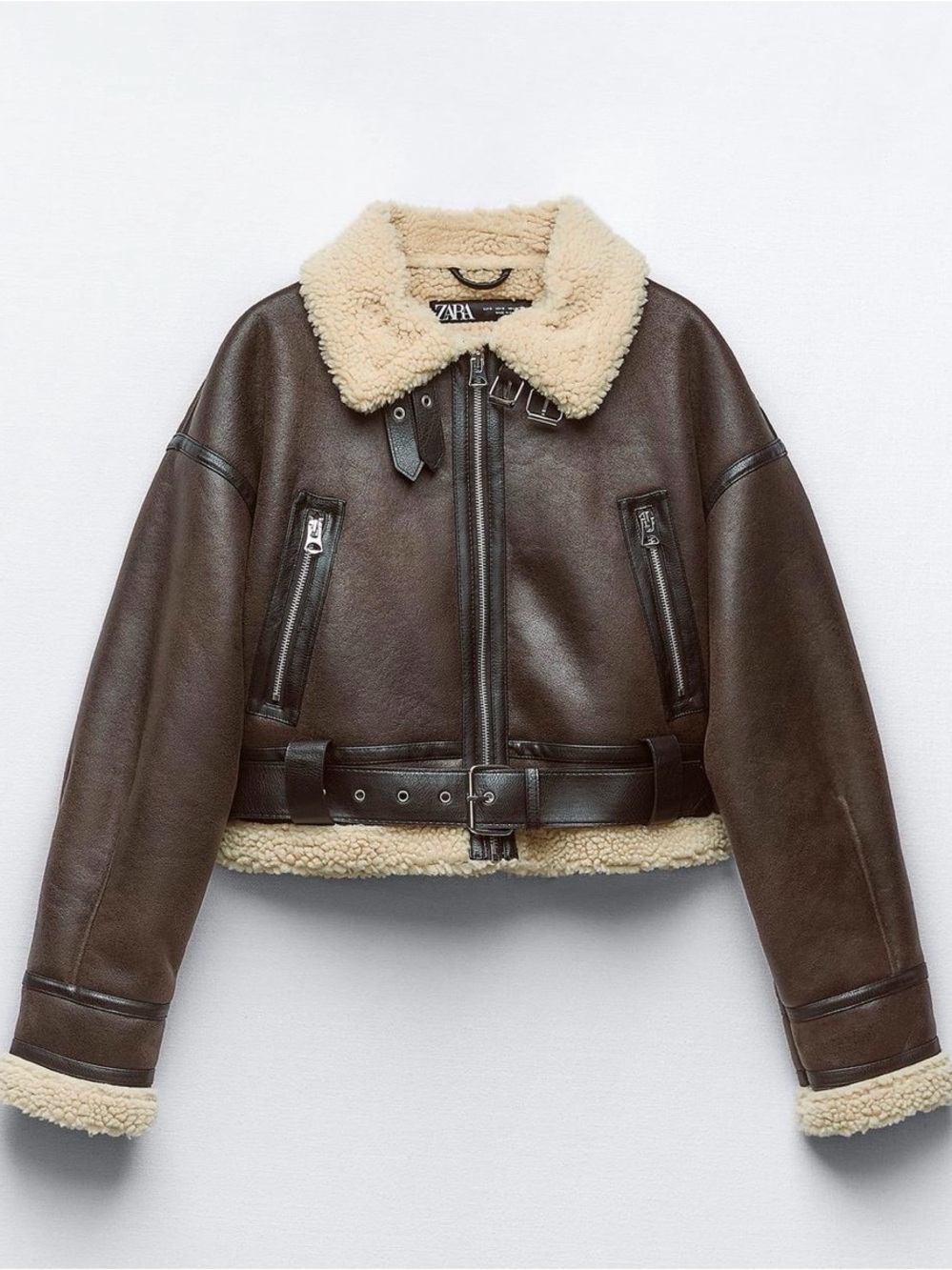 ZARA Brown Faux-Shearling Aviator Bomber Jacket with Cream Trim